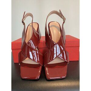 NIB Never Worn Womens Red Faux Patent Leather Shoes, Sz6 Stack Heel, Slingback